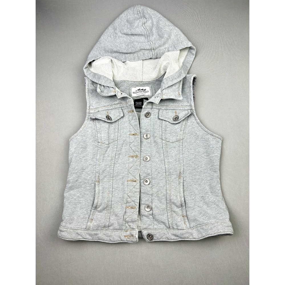 Back In The Saddle Women's M Cotton‎ Jersey Grey Hooded Button Up Casual Vest